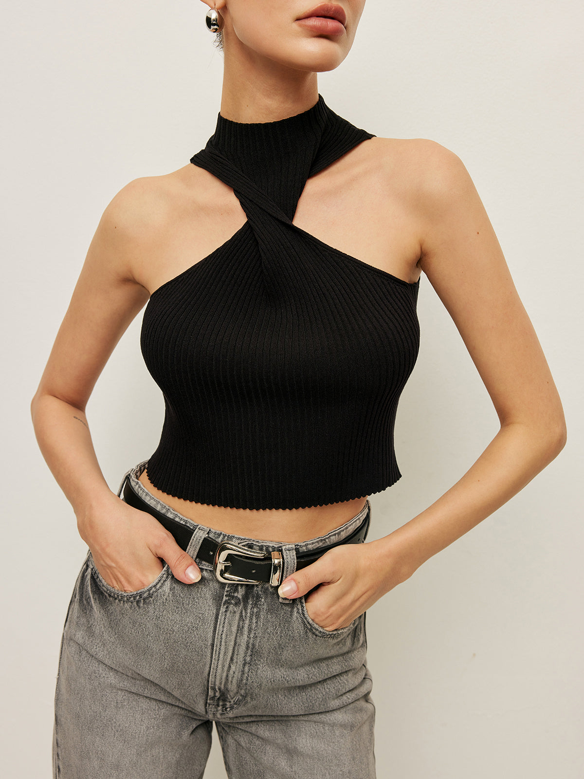 Ribbed Cross Halter Örgü Üst