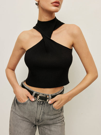 Ribbed Cross Halter Örgü Üst
