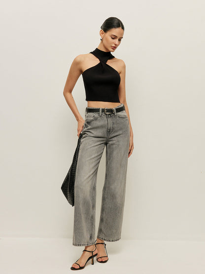 Ribbed Cross Halter Örgü Üst