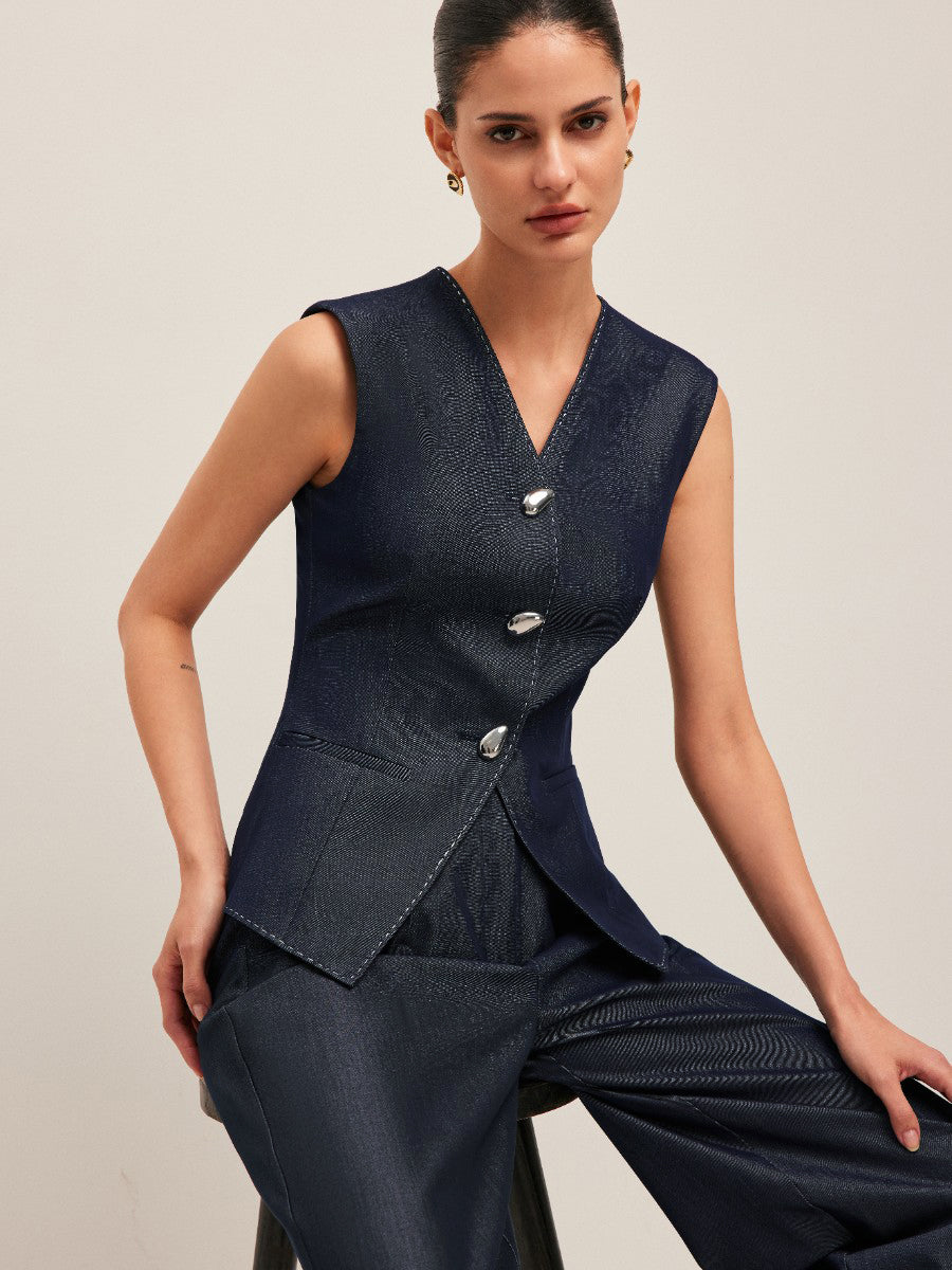 Zıt Dikişli Düğmeli Peplum Yelek