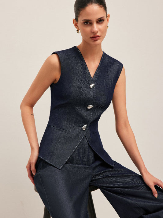 Zıt Dikişli Düğmeli Peplum Yelek