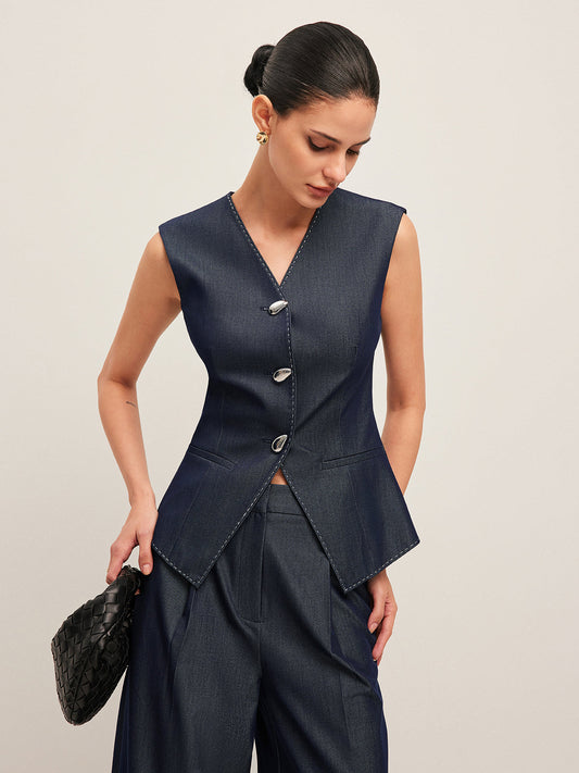 Zıt Dikişli Düğmeli Peplum Yelek