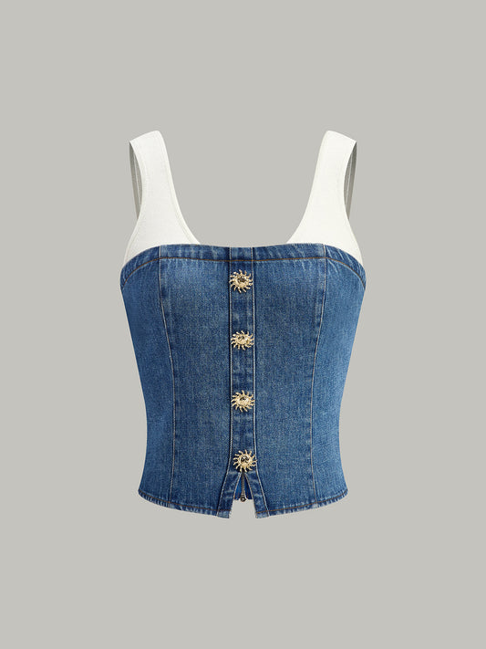 Denim Panel Kontrast Askılı Korsaj Üst