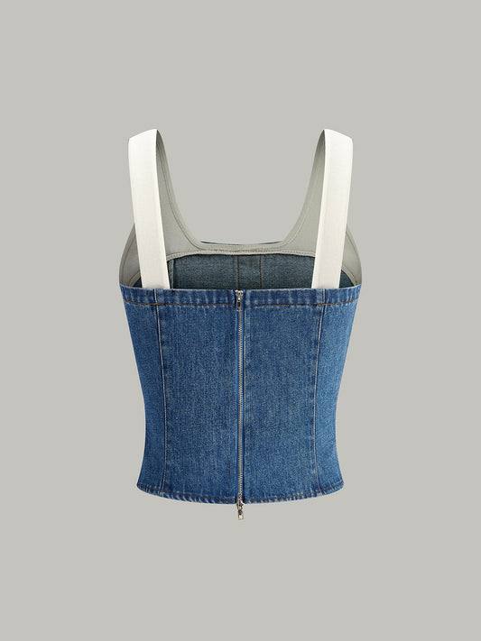 Denim Panel Kontrast Askılı Korsaj Üst