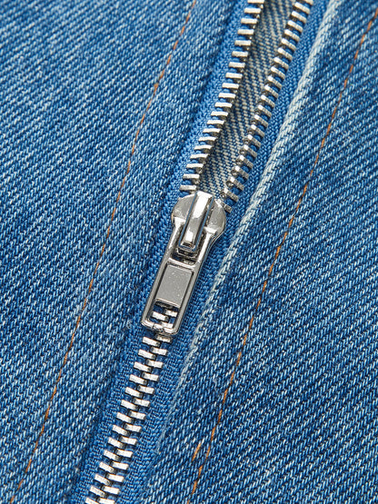 Denim Panel Kontrast Askılı Korsaj Üst