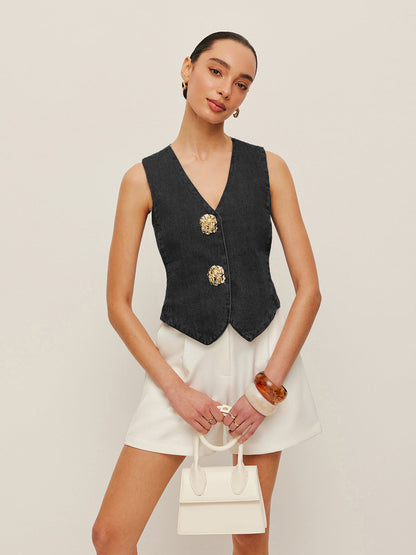 Özel Yapım Denim Düğmeli Yelek