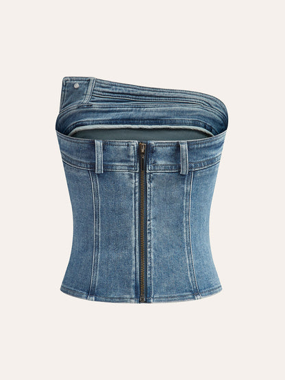 Asimetrik Pliseli Denim Straplez Üst