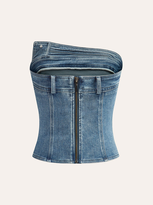 Asimetrik Pliseli Denim Straplez Üst