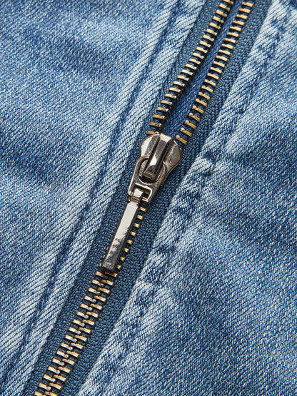 Asimetrik Pliseli Denim Straplez Üst