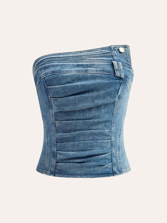 Asimetrik Pliseli Denim Straplez Üst