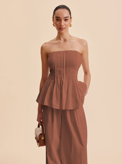 Pamuk Plise Askısız Peplum Bluz