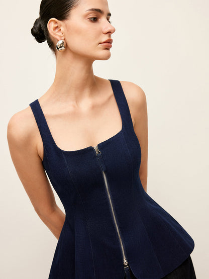 Zip-Ön Denim Peplum Üst