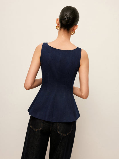 Zip-Ön Denim Peplum Üst