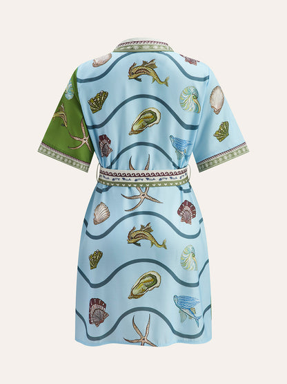 Belt ile Aquatik Desenli Düğmeli Yaka