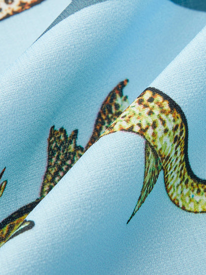 Belt ile Aquatik Desenli Düğmeli Yaka