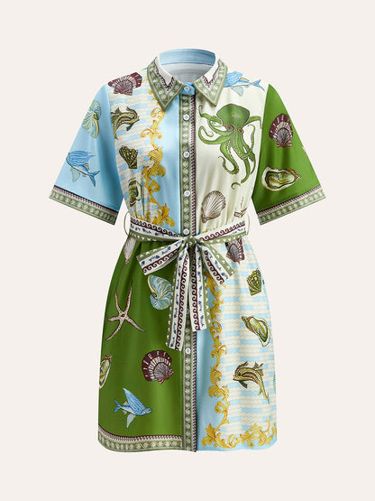 Belt ile Aquatik Desenli Düğmeli Yaka