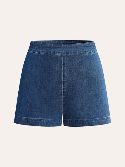 Metal Düğme Bağcıklı Denim V Yaka Şort Takımı