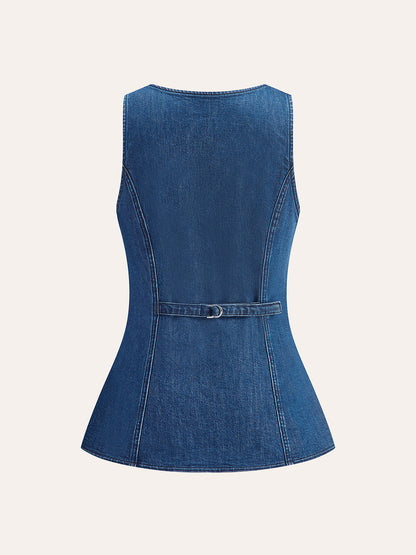 Metal Düğme Bağcıklı Denim V Yaka Şort Takımı