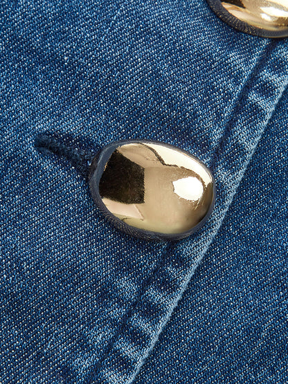 Metal Düğme Bağcıklı Denim V Yaka Şort Takımı