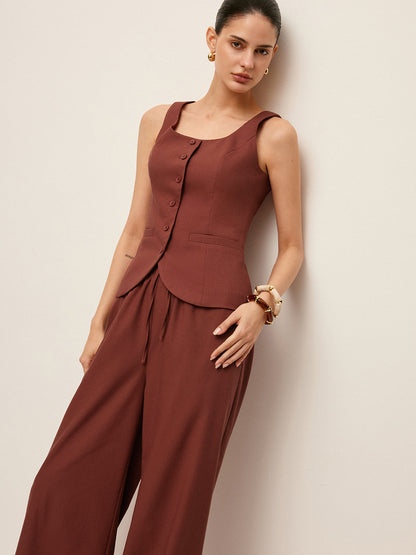 Cotton & Linen Tied Back Vest With Drawstring Pants Set