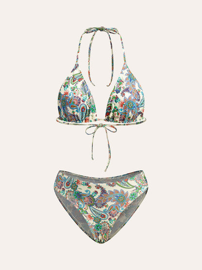 Paisley Desenli Pareo ile Bağlamalı Bikini Seti