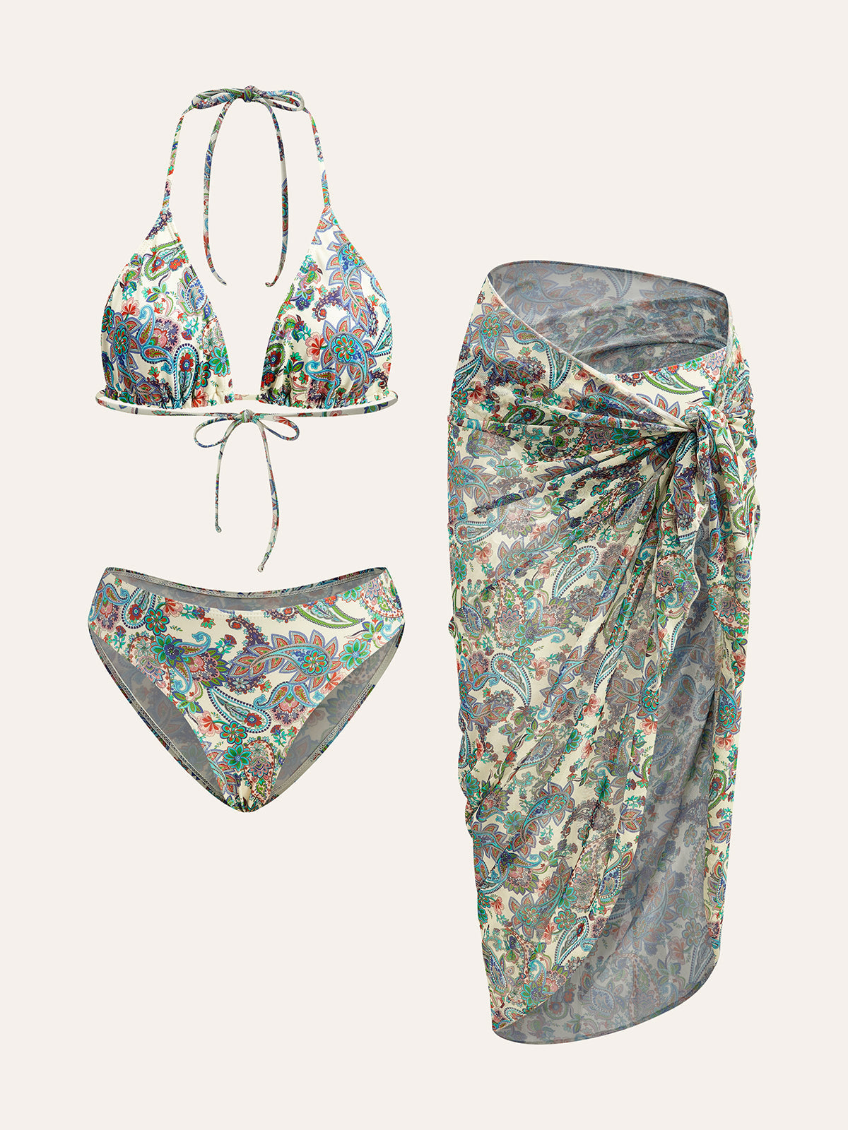 Paisley Desenli Pareo ile Bağlamalı Bikini Seti