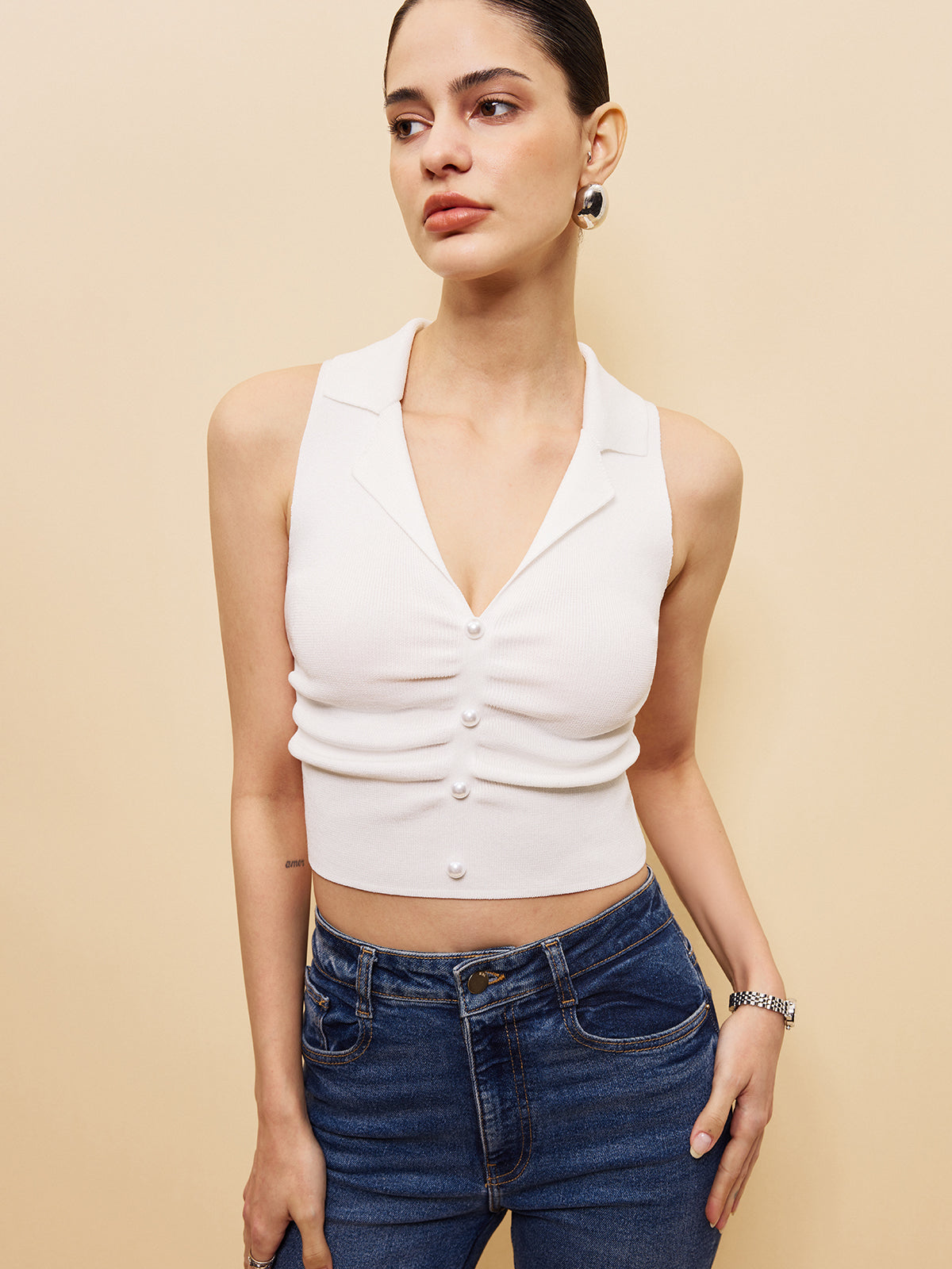 Kolsuz Düğme Ön Crop Süveter Yelek