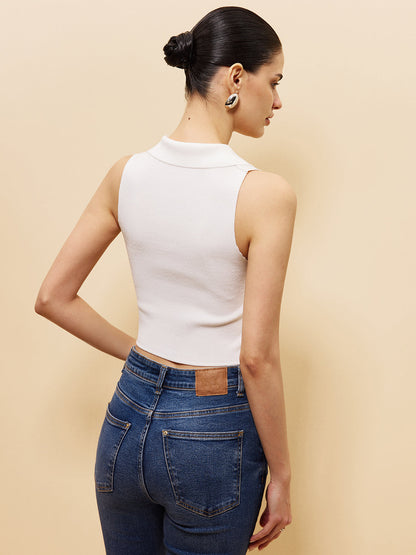 Kolsuz Düğme Ön Crop Süveter Yelek
