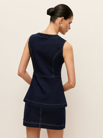 Cepli Denim Düğmeli Yelek