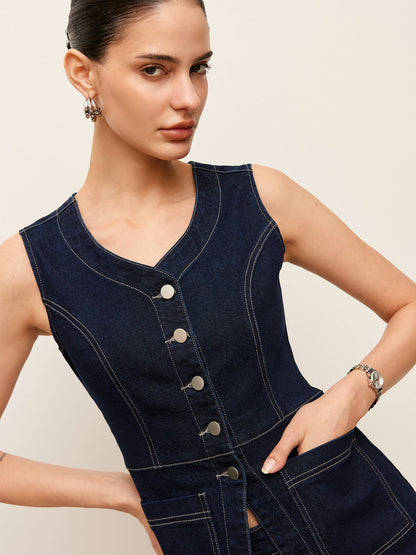 Cepli Denim Düğmeli Yelek