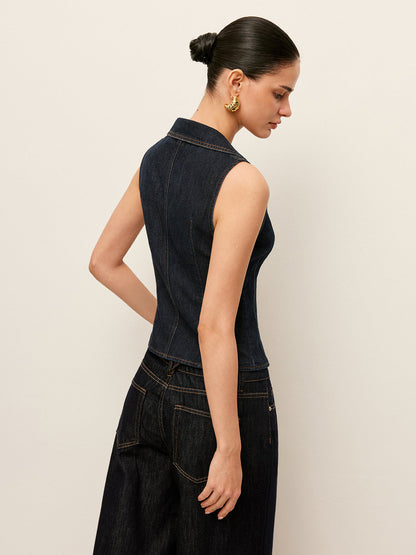 Çiçekli Düğme Detaylı Denim Yaka Yelek