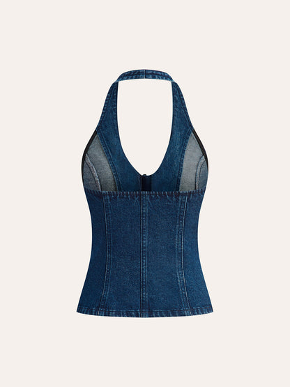 Halter Yaka Düğme Detaylı Kot Bluz