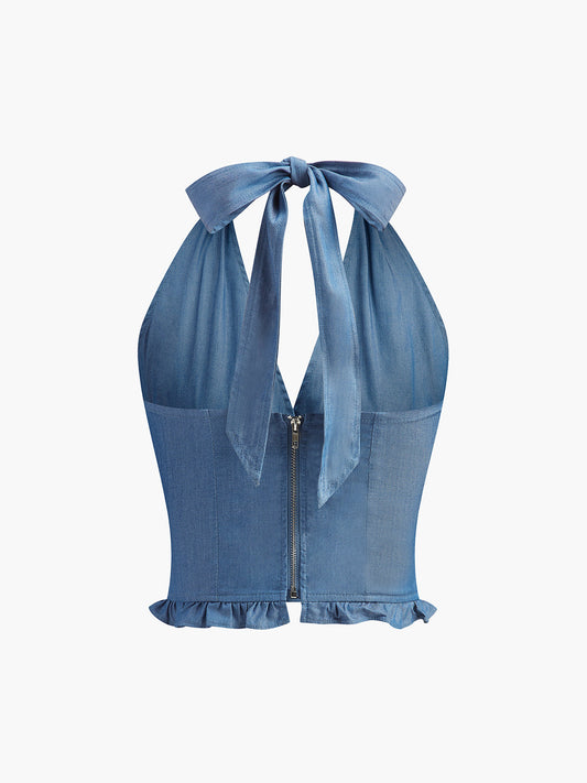 Fırfırlı Etek Denim Askılı Üst