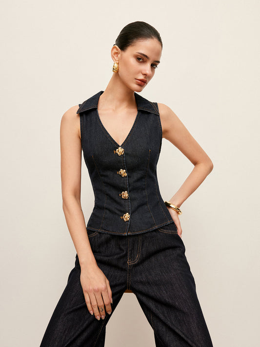 Çiçekli Düğme Detaylı Denim Yaka Yelek