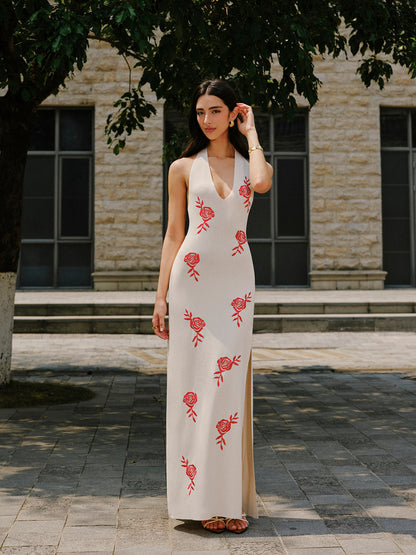 Embroidered Split Knit Strap Dress