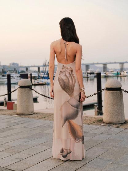 Ağ Mesh Halter Yaka Sırt Açık Elbise