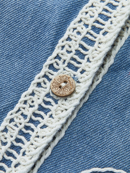 Nakışlı Denim Düğmeli Yelek