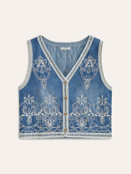Nakışlı Denim Düğmeli Yelek