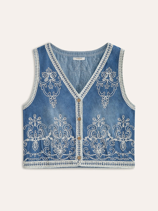 Nakışlı Denim Düğmeli Yelek