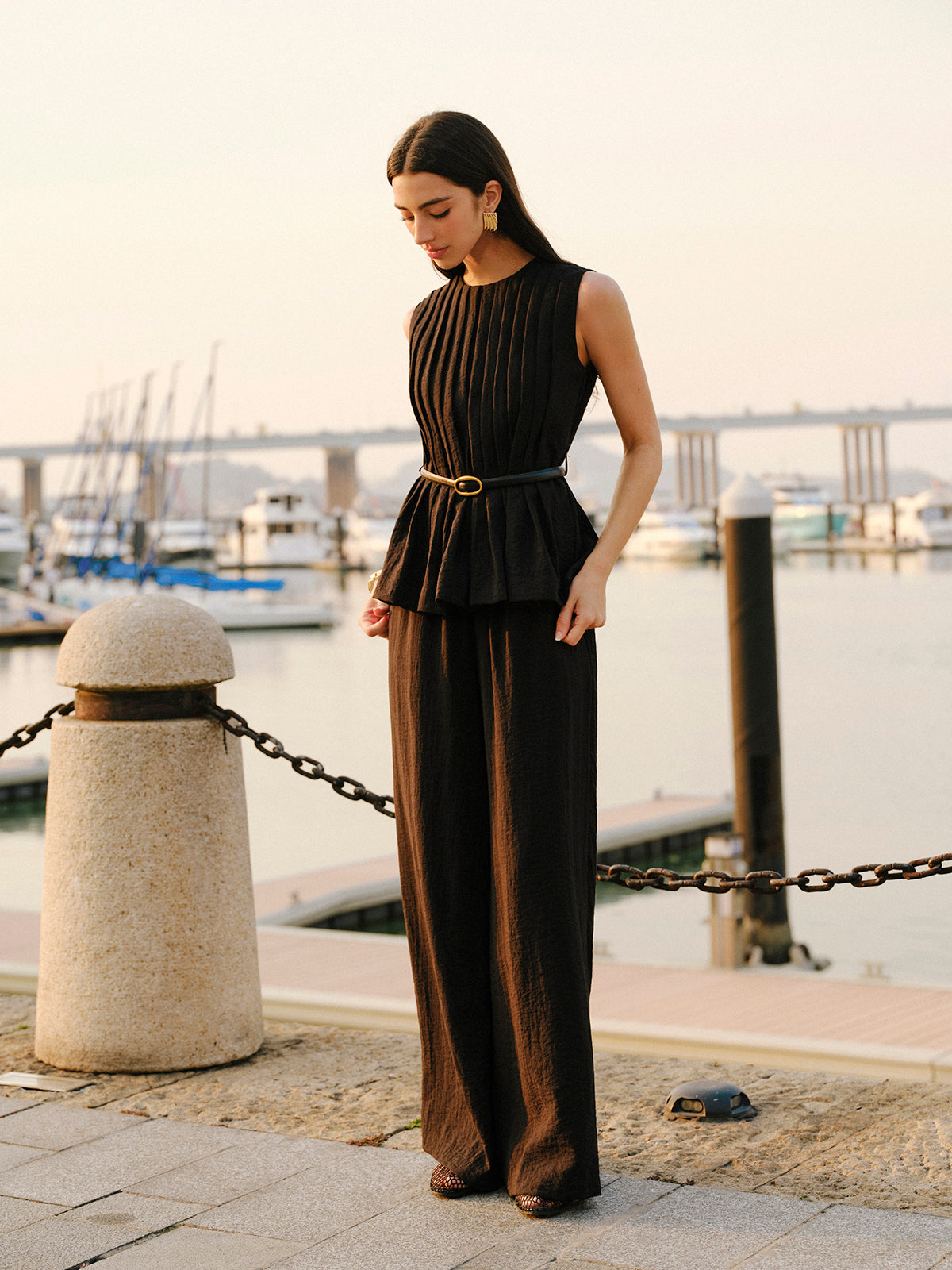 Peplum Üst Geniş Paça Pantolon Takımı Kemerle