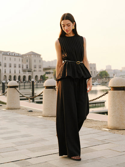 Peplum Üst Geniş Paça Pantolon Takımı Kemerle