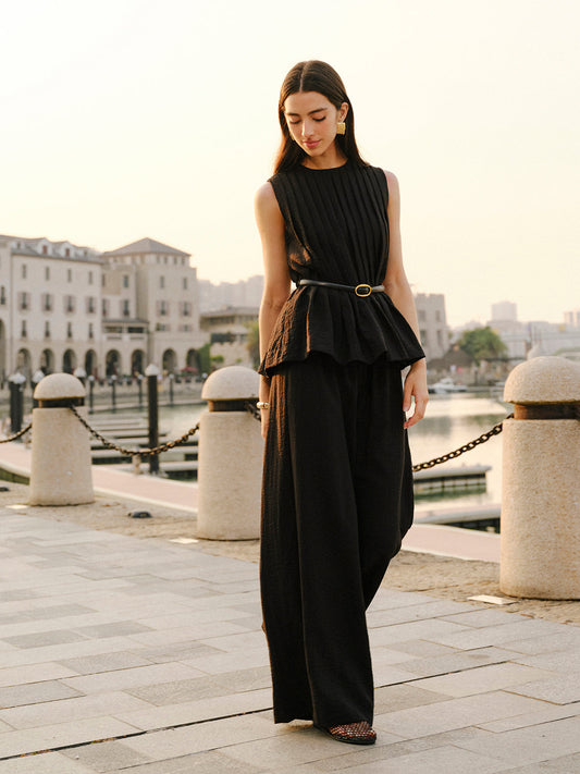 Peplum Üst Geniş Paça Pantolon Takımı Kemerle