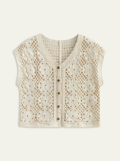 Yarım Şeffaf Jakarlı Kesik V-Yaka Tank Top