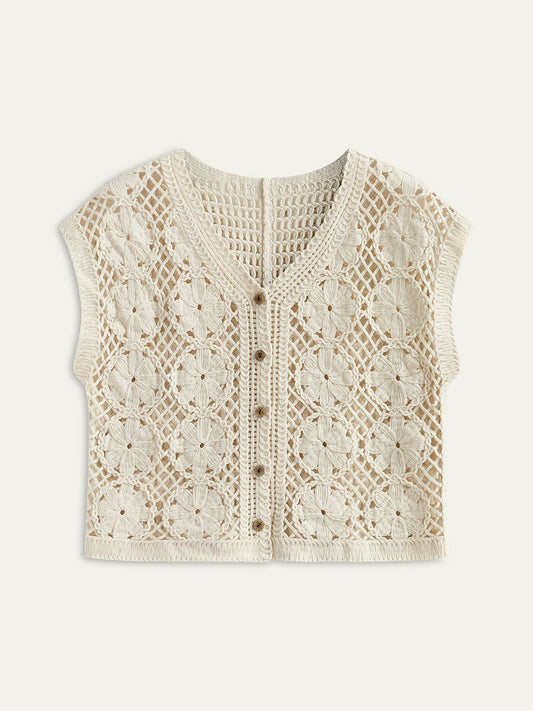 Yarım Şeffaf Jakarlı Kesik V-Yaka Tank Top
