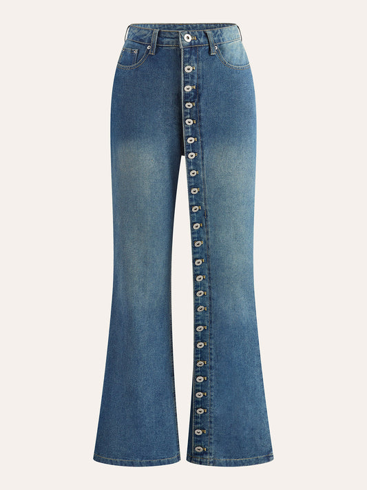 Orta Bel Dekor Düğmeli Fermuarlı Sarkan Denim Kot Pantolon