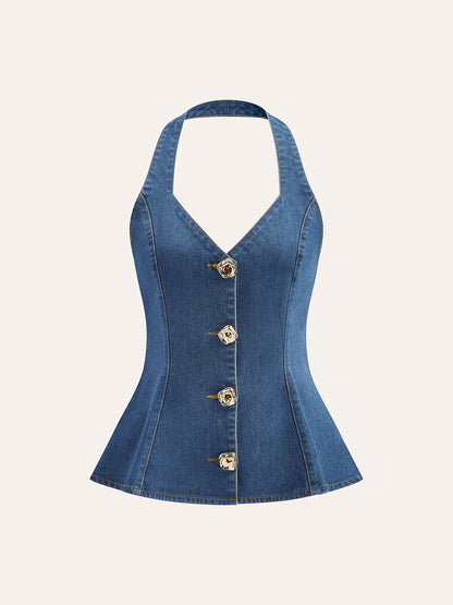Düğme Detaylı Denim Askılı Bluz
