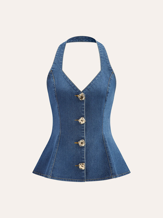 Düğme Detaylı Denim Askılı Bluz