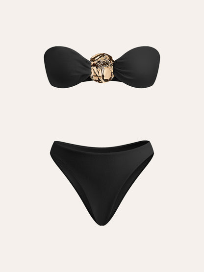 Altın Detaylı Bikini ve Pareo Seti