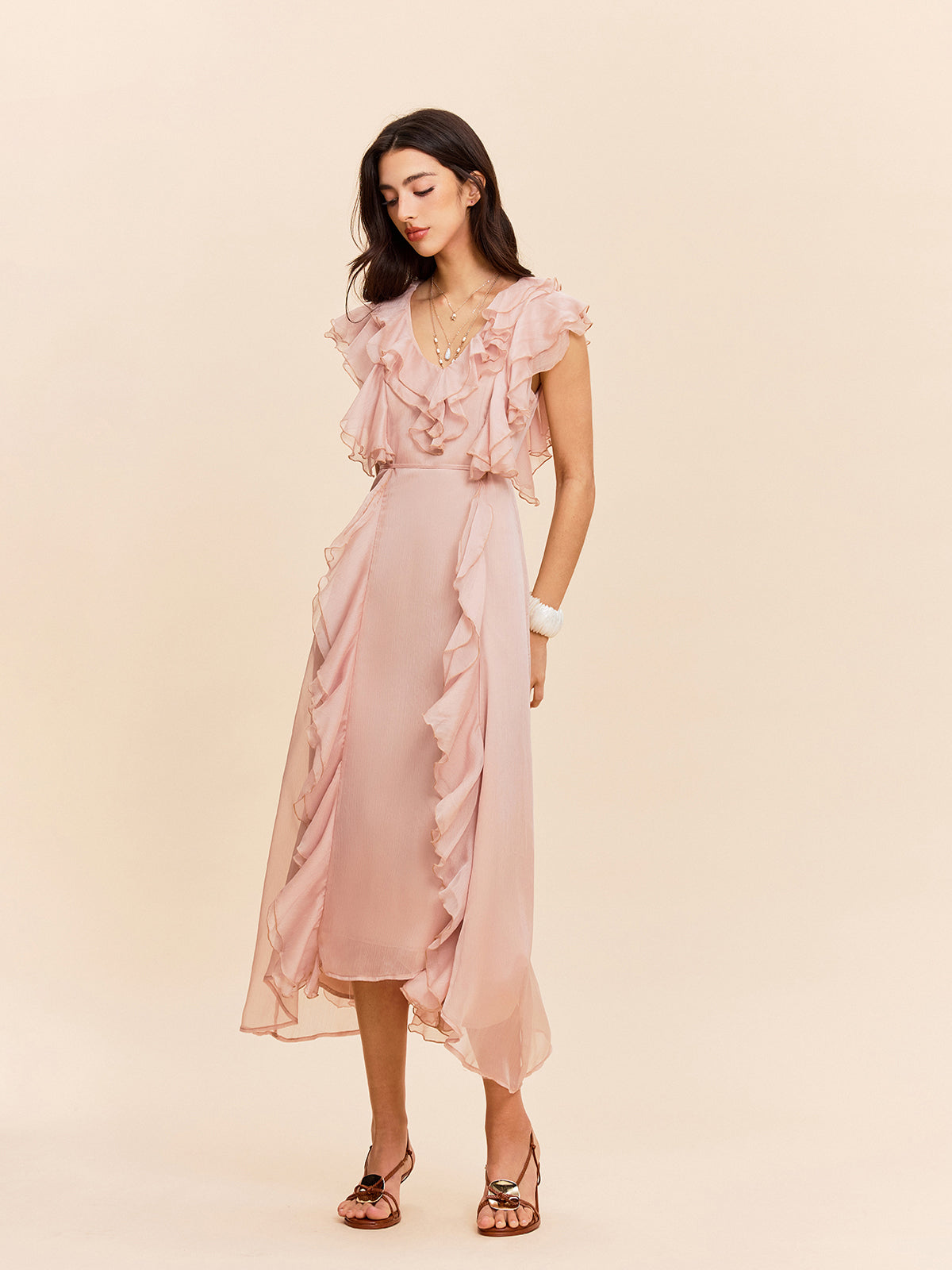 Yarı Şeffaf Volan Detaylı Elbise