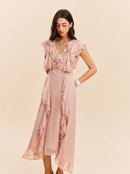 Yarı Şeffaf Volan Detaylı Elbise